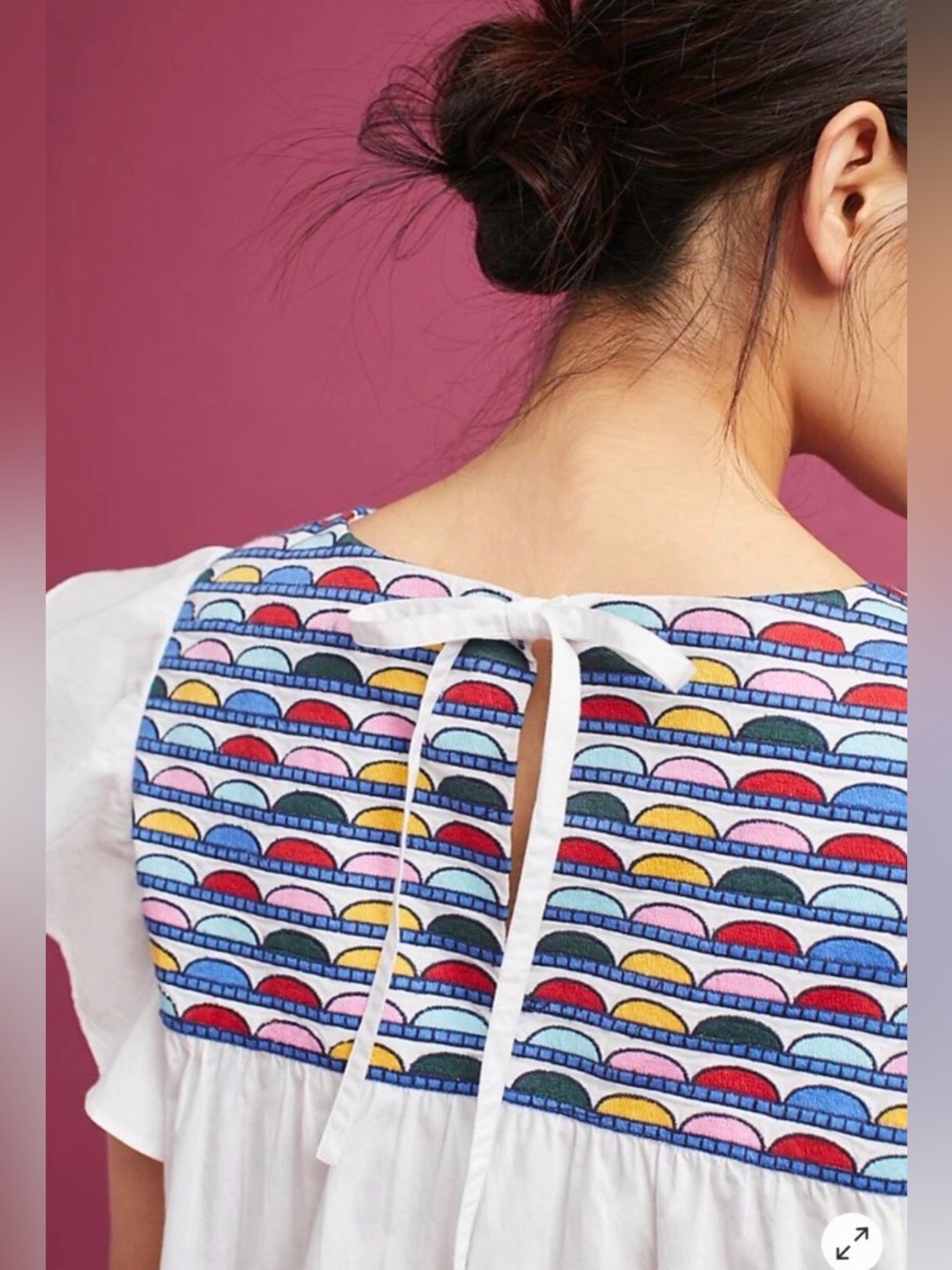 WHIT TWO Anthropologie Embroidered Flutter Sleeve Top White Rainbow Yoke Size LP - Picture 2 of 16